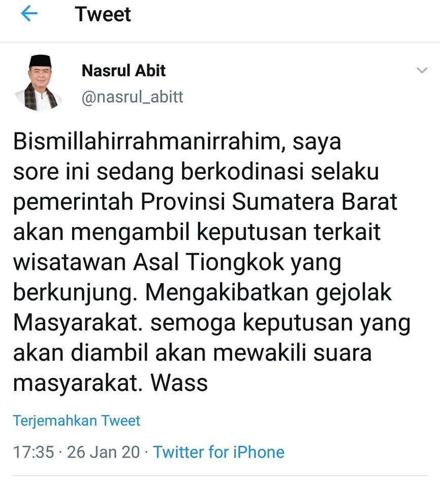Terkait Kedatangan Turis Asal Tiongkok, Publik Sumbar Bergejolak, Nasrul Abit Akan Ambil Keputusan