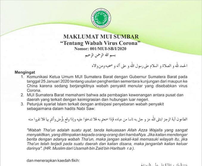 Ini Maklumat MUI Sumbar Tentang Wabah Virus Corona