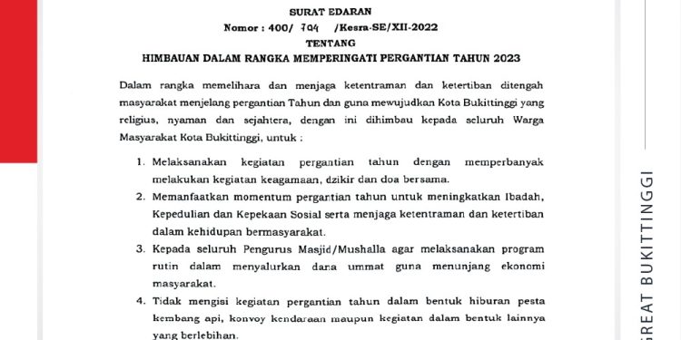 Ini Surat Edaran Walikota Bukittinggi Terkait Pergantian Tahun