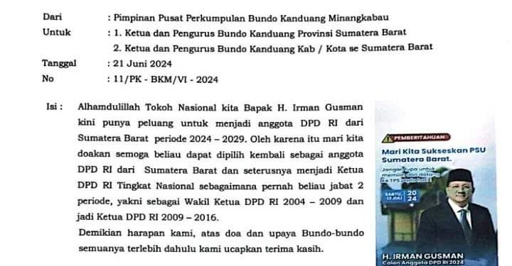 PBKM Nyatakan Dukungan ke Calon DPD RI, Irman Gusman: Surat Dikamuflase